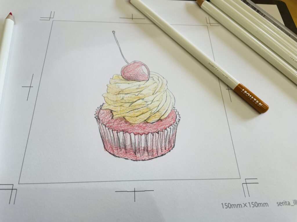 色鉛筆のコツ 色辞典36色セットで描く チェリーのカップケーキ Serita Illustration